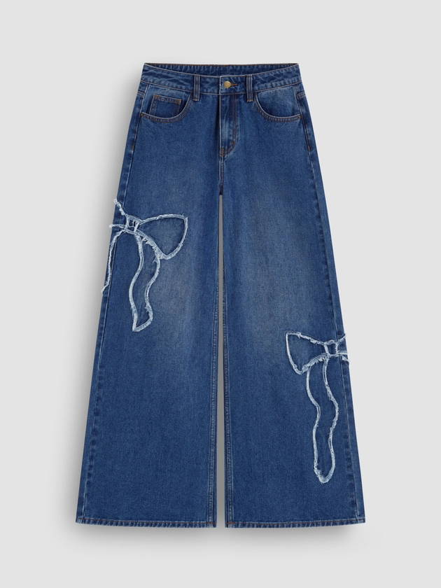 Denim Denim Mid Rise Bowknot Pocket Wide Leg Jeans For School