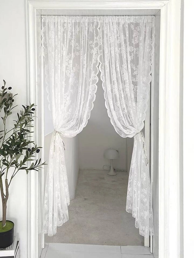 1pc Flower Embroidered Lace Door Curtain, Lace Fabric Door Sheer Curtain For Home