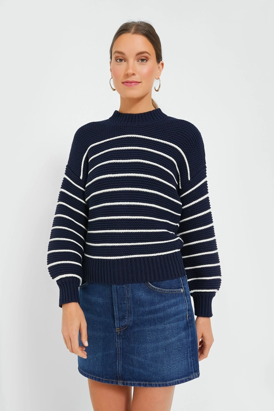 Dark Navy and Ivory Stripe Button Back Crewneck Sweater | Alex Mill