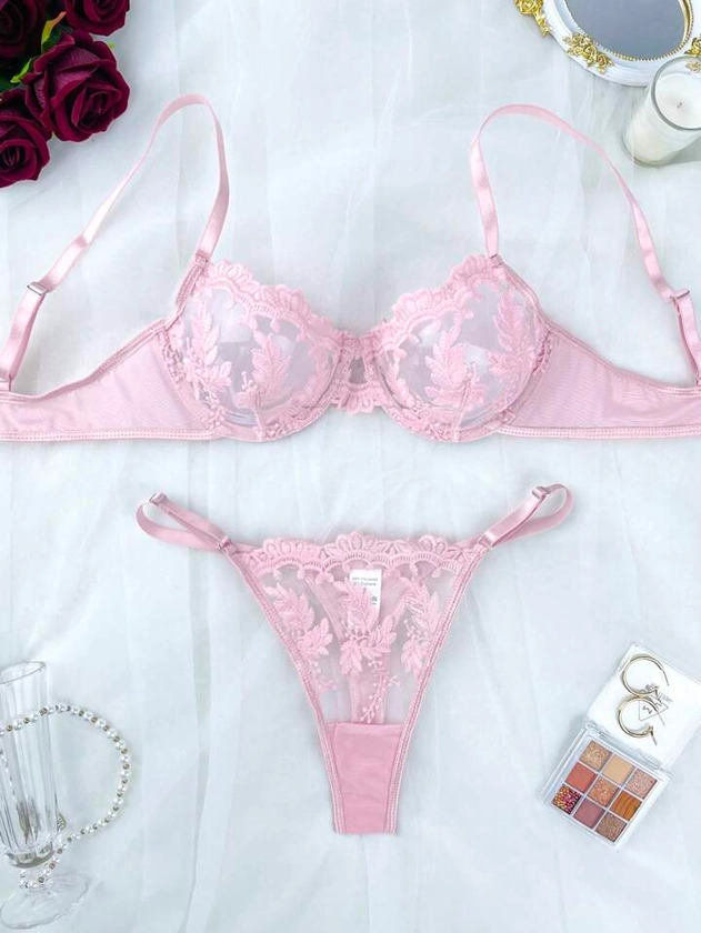 Conjunto de Lingerie Sexy Bordada em Malha para Mulheres, Inclui Sutiã e Calcinha