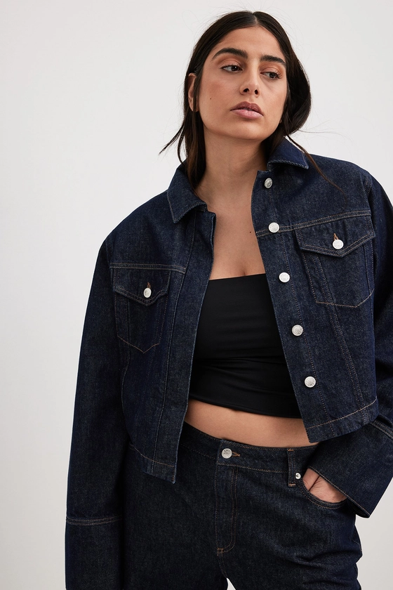 Cropped Curved Denim Jacket Dark Blue