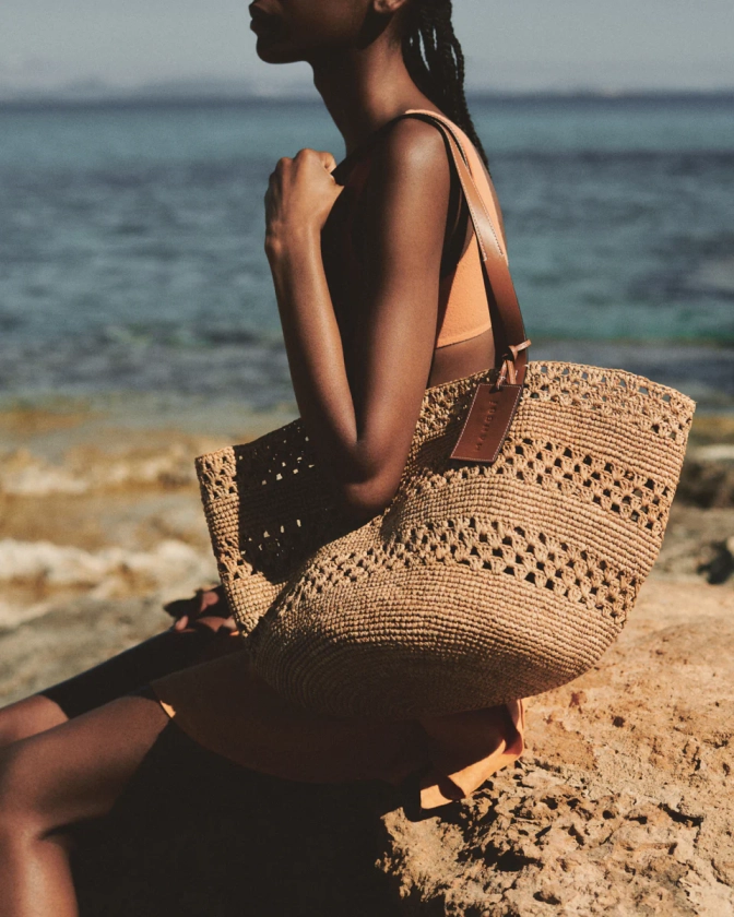 Manebi | Weaving Raffia & Leather Basket Bag - Leather Tag - Tan-V22CK