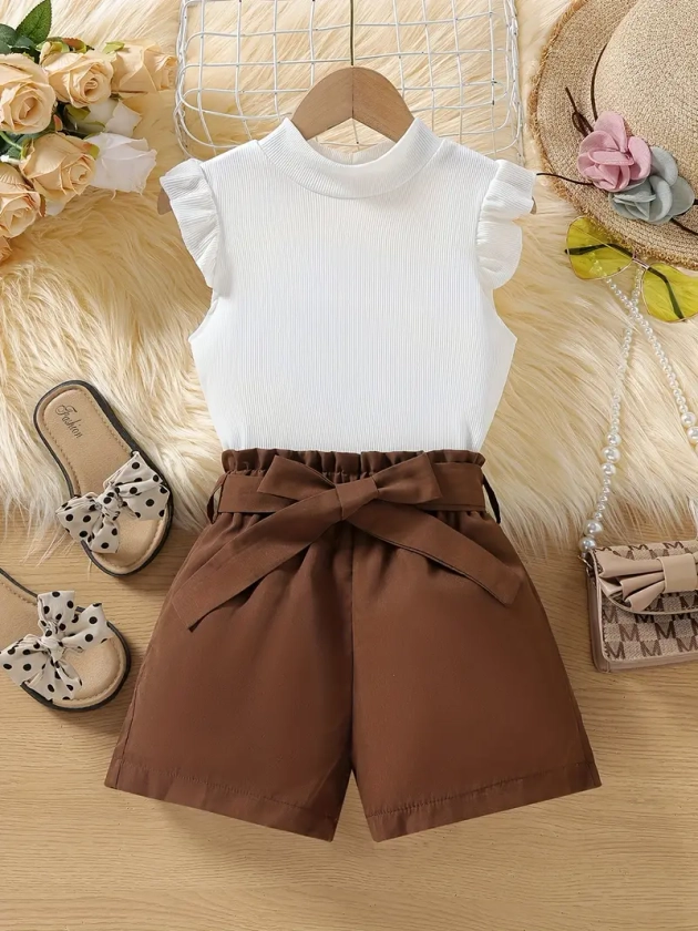 2pcs Girls Pit Strip Sleeveless Top & Elastic Waist Shorts Belt Decor Casual Summer