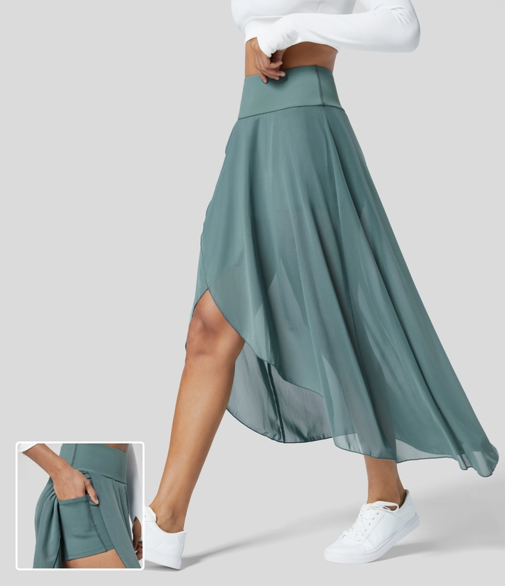 Women’s High Waisted High Low Ruffle 2-in-1 Side Pocket Flare Mesh Casual Regular Maxi Skirt - Halara 