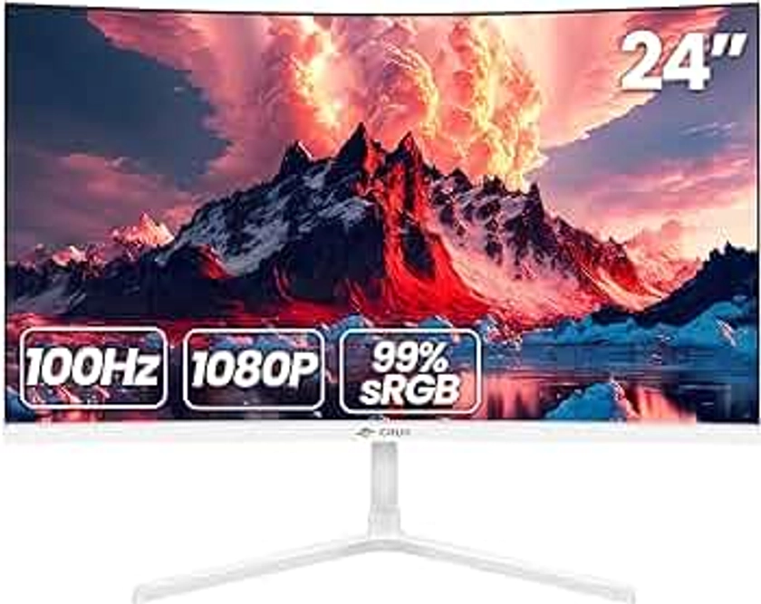 CRUA 24 Inch Curved Monitor, FHD(1920×1080p) 100HZ 99% sRGB Computer Monitors, LED Filter Blue Light 178° Wide Viewing Angle PC Monitor for Home, Office and Dormitory(HDMI, VGA)-White