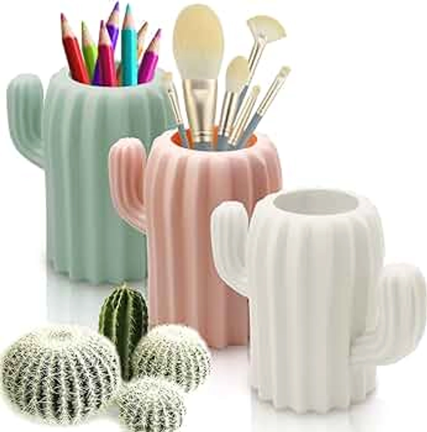 3 Pack Cactus Cute Pen Holders for Desk,Cute Pencil Holders Pens Cups for Desk Cactus Cute Office Decor Desk Accessories for Home School Office Desk Organizer,Pink & White & Green