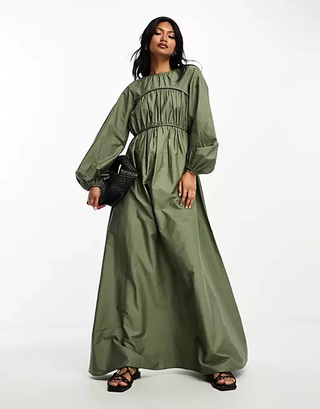 ASOS DESIGN - Robe longue en popeline de coton avec buste froncé - Olive | ASOS