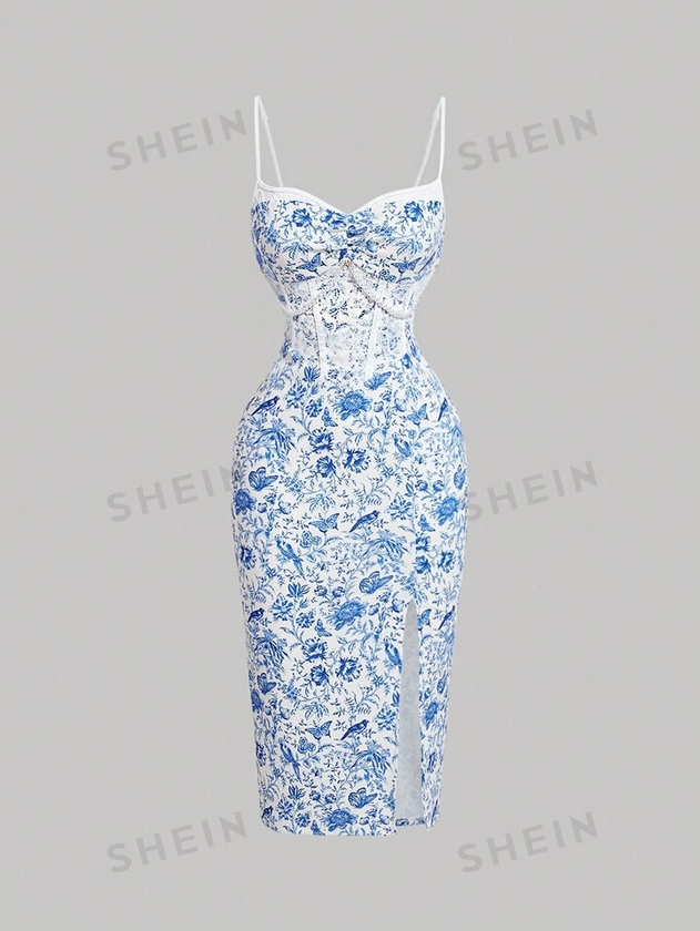 SHEIN MOD Floral & Butterfly Print Split Thigh Cami Spaghetti Straps Lace Splicing Pearl Decoration Dress