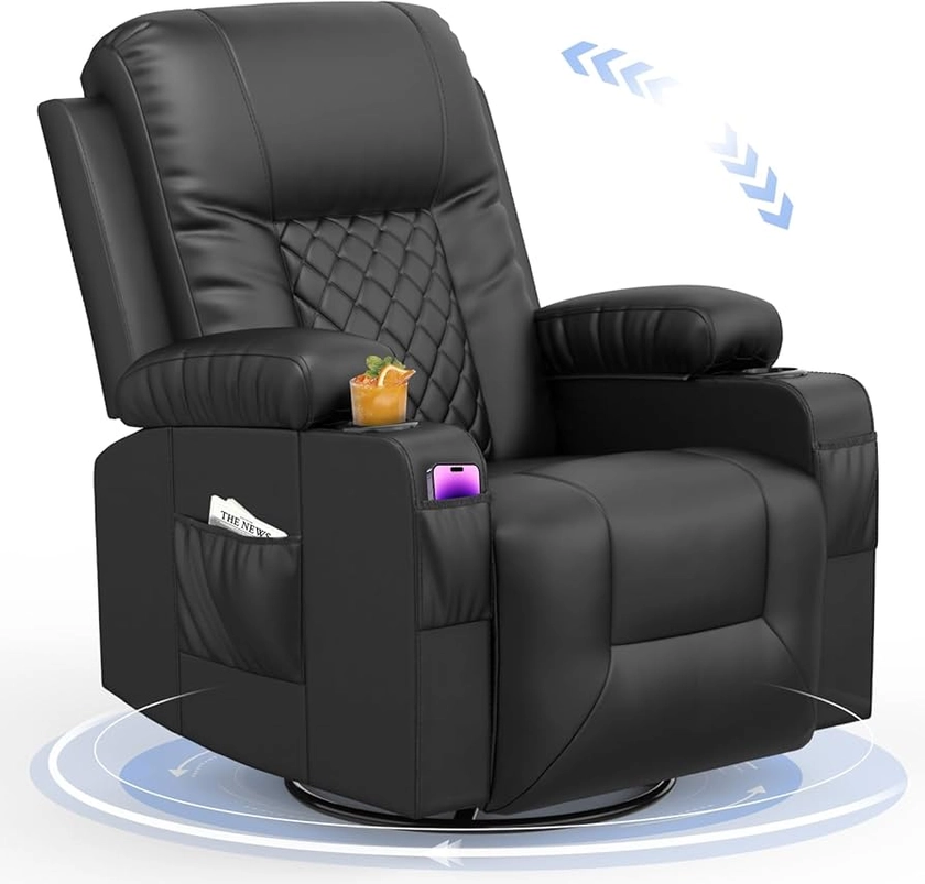 YONISEE Recliner Chair, Swivel Recliner Rocker Chairs with 360° Rotate & 125° Rocking Mechanism, Extended Footrest, Swivel Armchair Single Sofa Living Room Lounge with Drink Holders & Side Pockets