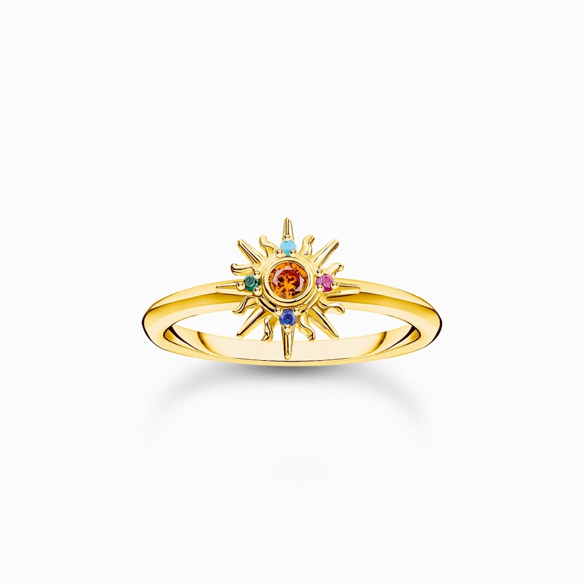 Bague arborant un soleil et des gemmes multicolores dorée | THOMAS SABO