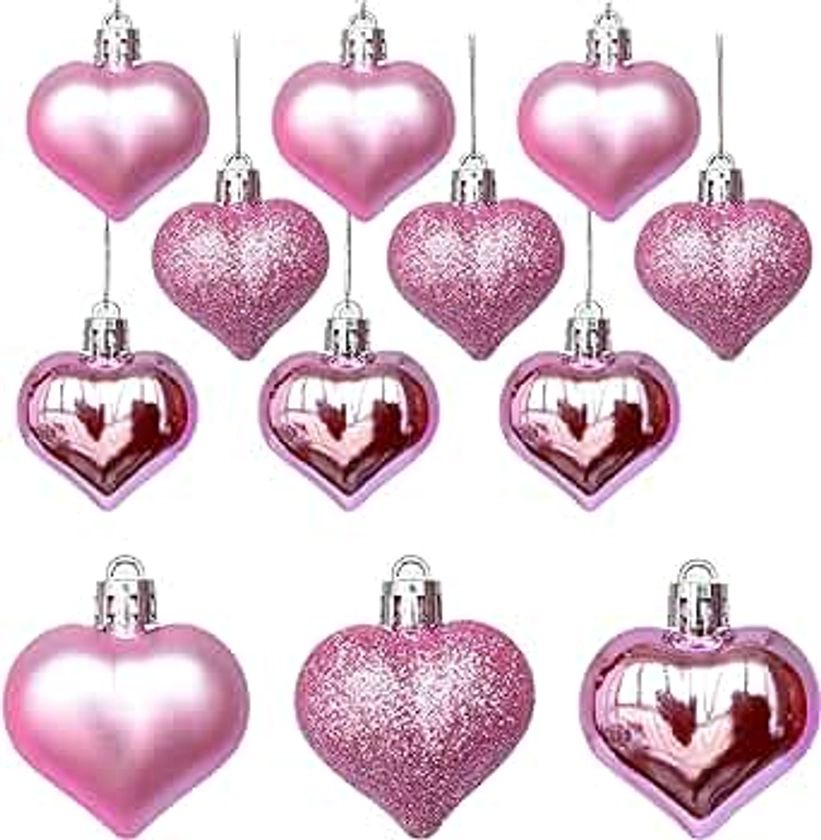 12Pcs Heart Ornaments Multi Finish Heart Baubles Hanging Ornaments for Valentine’s Day Decor Mother's Day Christmas Tree Wedding Anniversary Party Decoration(Pink)