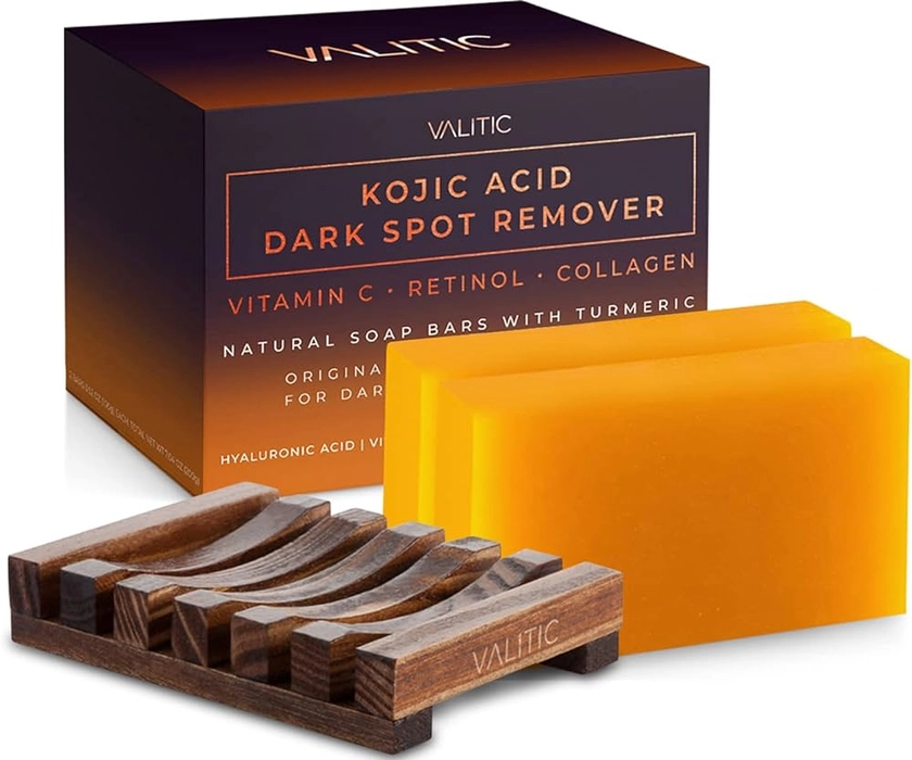 VALITIC Kojic Acid Dark Spot Remover Soap Bar with Vitamin C,Retinol,Collagen,Turmeric - Original Japanese Complex Hyaluronic Acid,E,Shea Butter,Castile Oil (2 Pack) With Holder,Pack of 3,3.5 ounces