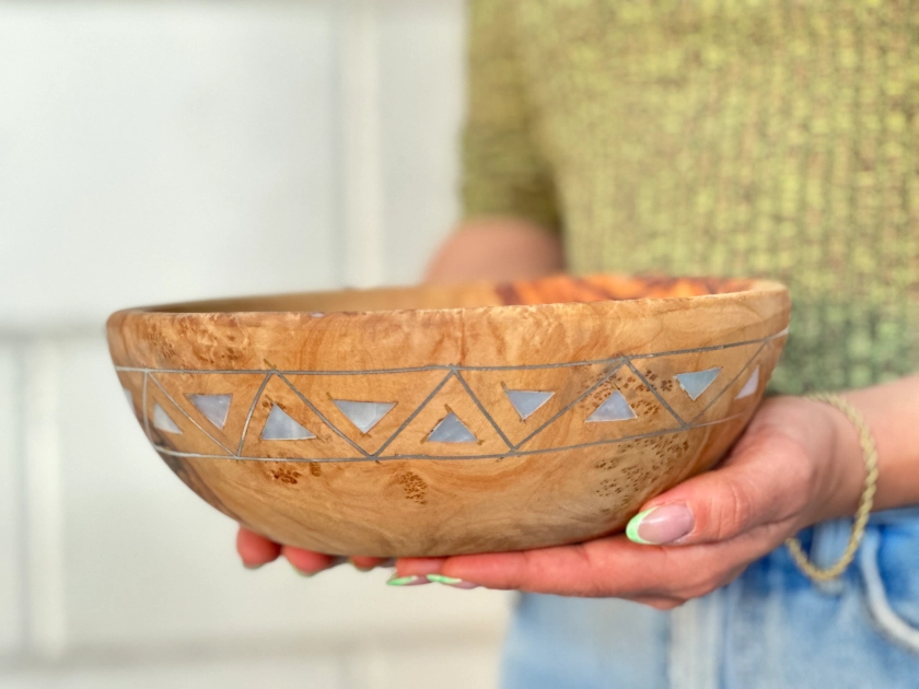 Medium Olive Wood Bowl with Mother of Pearl