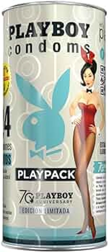 Playboy Condoms - Play Pack Edición Especial Aniversario 70 - Tubo con 24 Condones - Clásicos, Texturizados, Extra Sensibles. Incluye 3 Stickers Coleccionables.