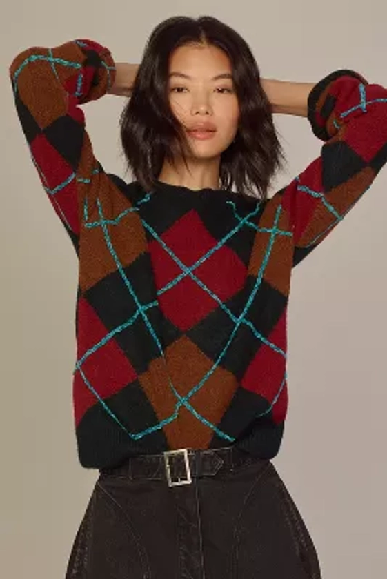 English Factory Fuzzy Argyle Crew-Neck Sweater