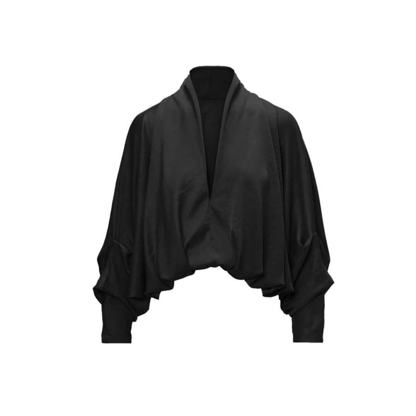 Black Blouse With Draped Sleeves And V-Neck