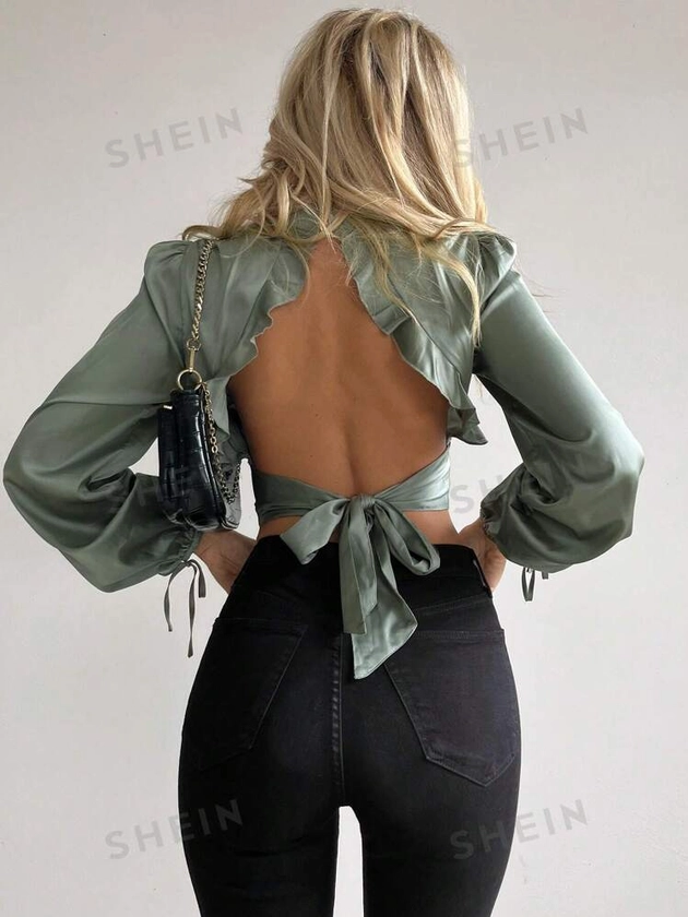 Firerie Blouse À Volants Dos-Nu À Nœud À Poignets Noués Court En Satin | Mode en ligne | SHEIN FRANCE