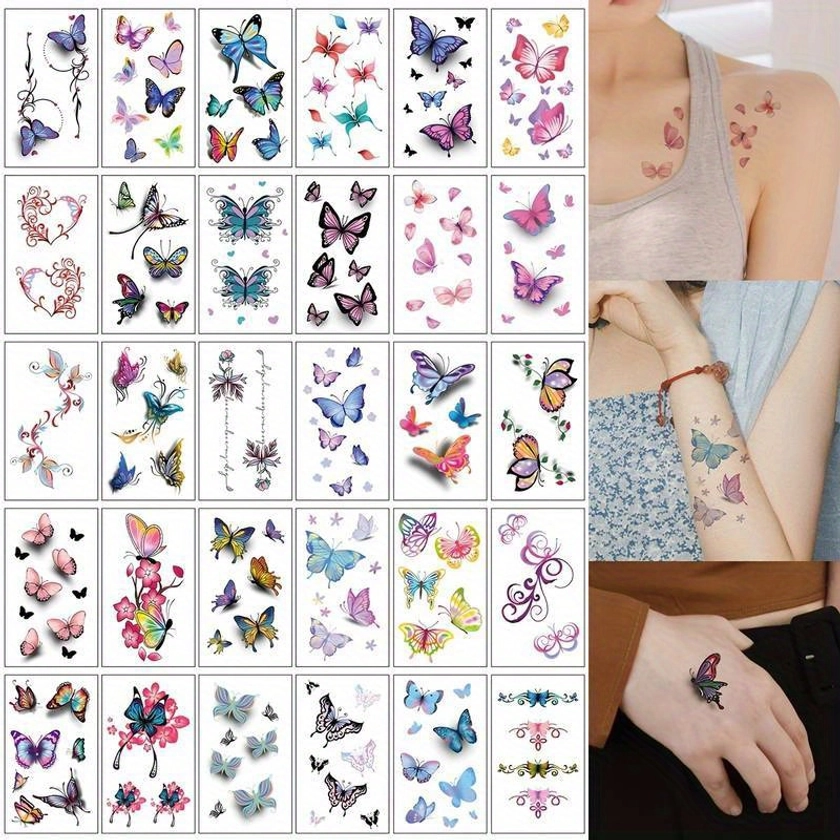 30pcs Set Butterfly * Temporary Tattoo Stickers, Body Arm Art Waterproof Lasting Look Real Colorful Temporary Tattoo For Women Girl
