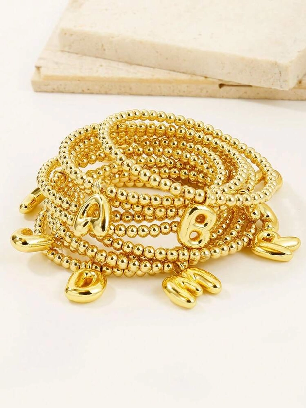 1pc Gold Initial Bracelets For Women Bubble Balloon Letter Charm Stretch Beaded Bracelet Women Gift | SHEIN USA