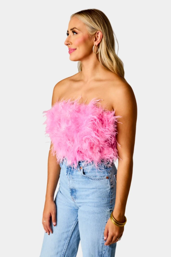 BuddyLove | Fancy Strapless Feather Crop Top | Baby Pink