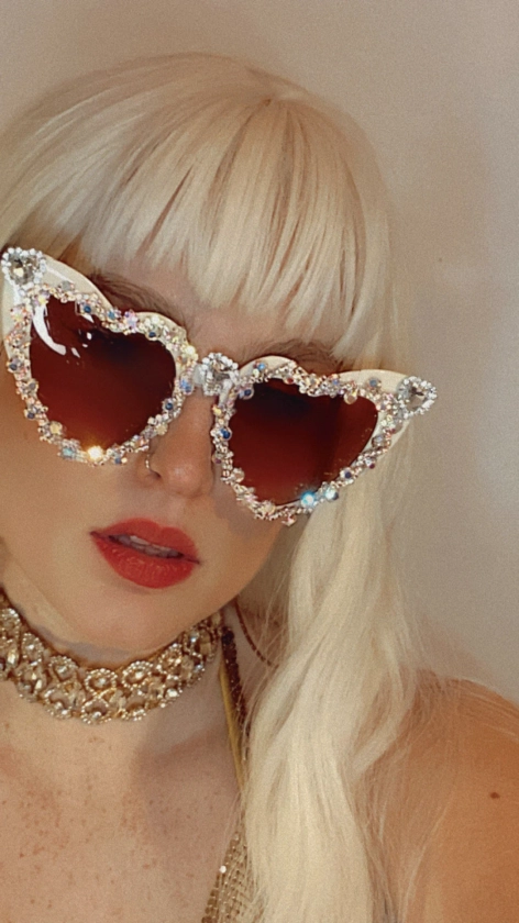 White heart rhinestone gems dimond embellished festival rave sunglasses