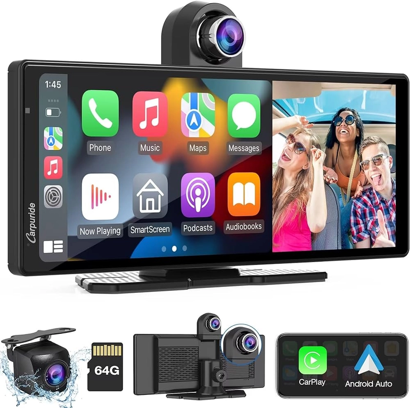 Carpuride W903 Portable Wireless Carplay & Android Auto with Dash Cam - 9.3" HD IPS Screen, 2.5K Front & Backup Camera, Loop Recording, Bluetooth, Mirror Link, GPS, Siri, Dashboard Mounted