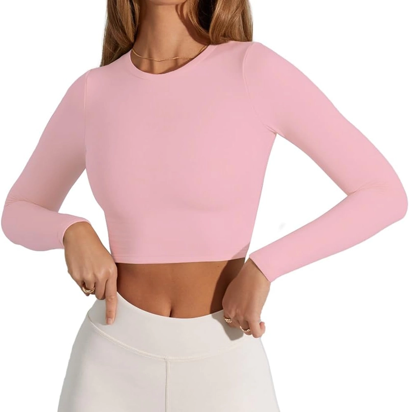 CUHUDA Women's Sexy Crew Neck Crop Top Long Sleeve Basic Fitted Tight Cropped T Shirts Pink Small at Amazon Women’s Clothing store