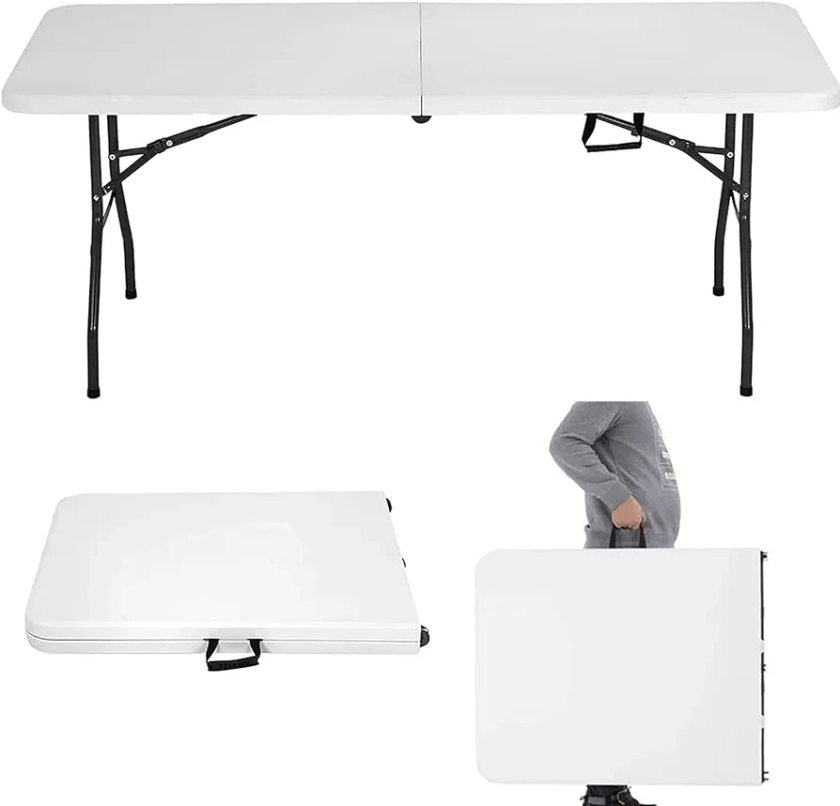 HKLGorg 6 Ft Heavy Duty Working Indoor Outdoor Plastic Folding Utility Party Dining Table Easy to Assemble with Lock Function White, 70.9 x 29.1 x 29.1 inches