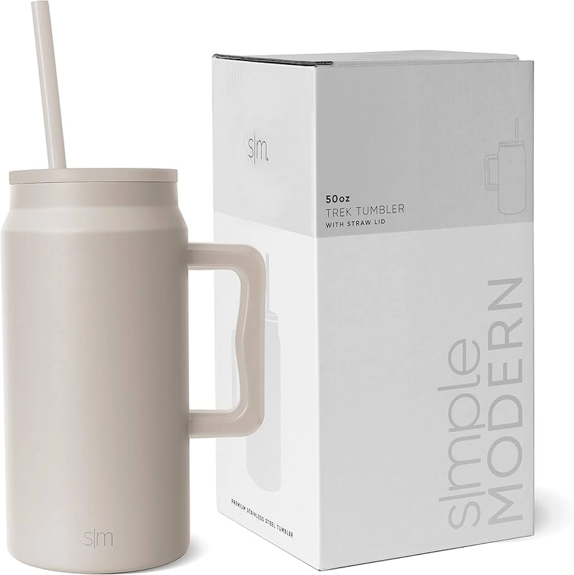 Simple Modern Tumbler with Handle and Straw | Insulated Stainless Steel Large Water Jug | Gifts for Women and Men | Trek Collection | 1480ml | Almond Birch