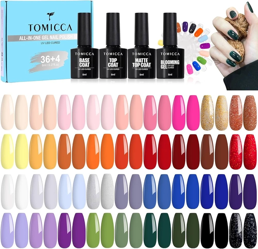 TOMICCA 42PCS Kit Vernis Semi Permanent Automn, 36 Couleurs + 1 Base + 1 No Wipe Top Coat + 1 Top Coat Matte + 1 Blooming Gel + 2 Présentoir à Clous Rond, Lot Gel Semi Permanent UV/LED