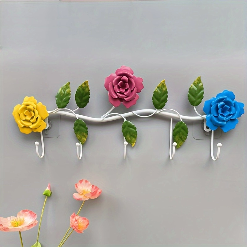 1pc Flowers Decor Hooks Rack, Bathroom Accessories, Home Decor, Valentine's Day Decorative Rose-shaped Wall Row Shelf, Gift For Girlfriend, Mom, Home Organization And Storage Supplies, Kitchen Bathroom Bedroom Office Accessories, Home Decor
