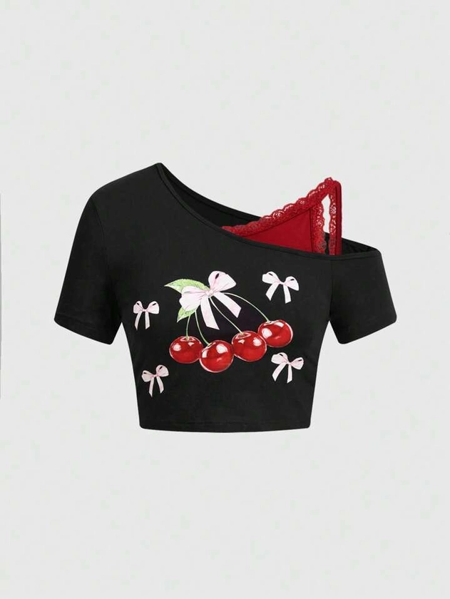 Our Kawaii Asymmetrical Shoulder Lace Trim Cherry And Bow Print Tee, School is such a vibe - ROMWE