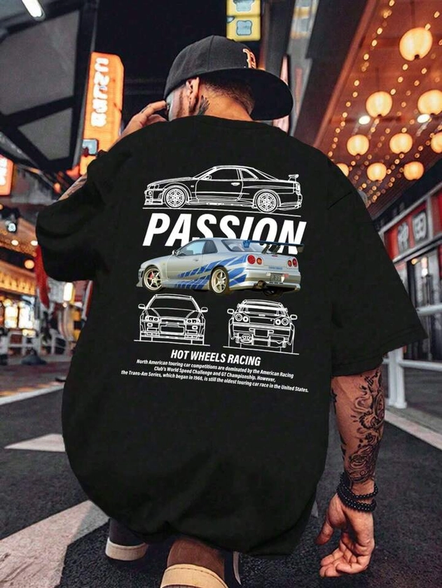 Men's Summer Casual Printed T-Shirt, Trendy Short Sleeve Loose Top, Gift For Car Enthusiasts, Car Themed T-Shirt