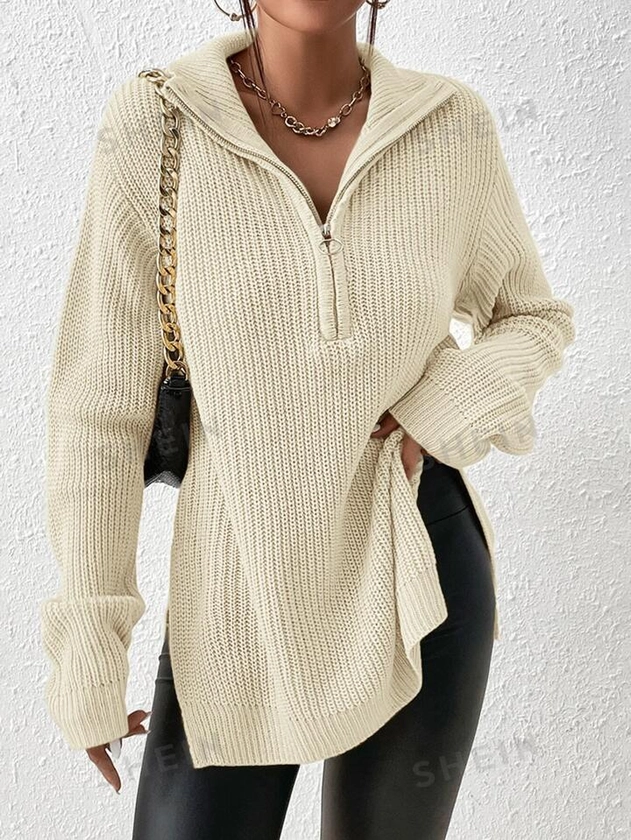 SHEIN Frenchy Half Zip Split Hem Drop Grain Fabric Shoulder Sweater