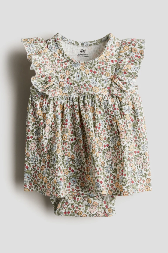 Robe volantée avec body intégré - Encolure ronde - Sans manches - Vert/fleuri - ENFANT | H&M FR