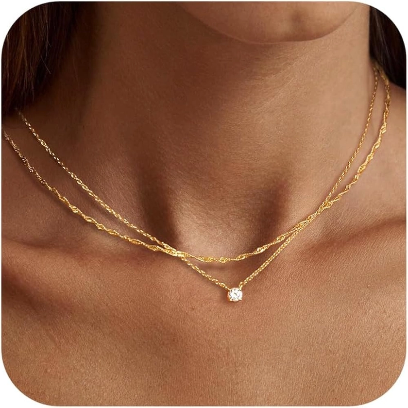 Tewiky Diamond Necklaces for Women, Dainty Gold Necklace 14k Gold Plated Long Lariat Necklace Simple Gold CZ Diamond Choker Necklaces for Women Trendy Gold Necklace Jewelry Gifts for Girls