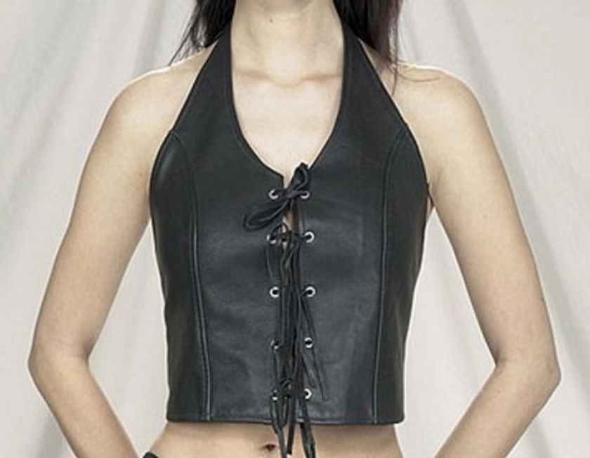 Womens Leather Halter Top Vest With Laces