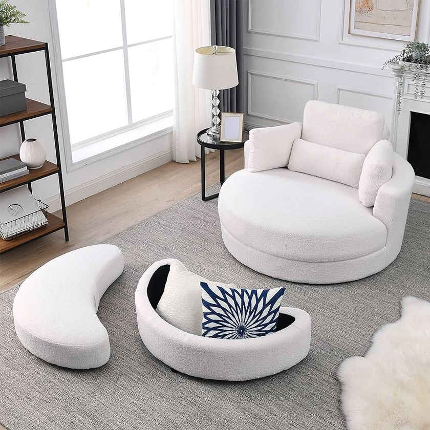 Swivel Accent Barrel Modern Grey Sofa Lounge Club Big Round Chair with Storage Ottoman Linen Fabric for Living Room Hotel with Pillows, 51" W, White