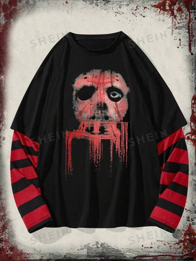 Friday the 13th | ROMWE Camiseta 2 en 1 con estampado de rayas y calavera para hombre, escolar