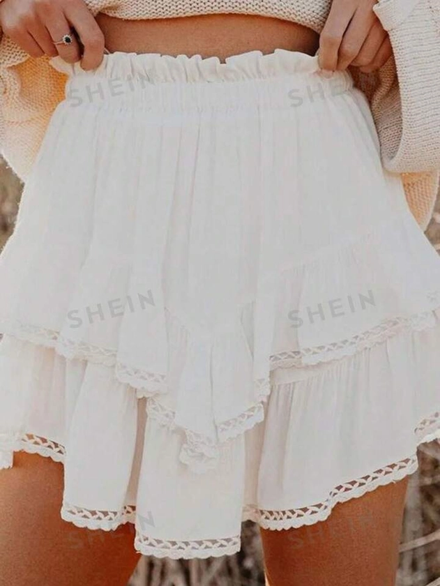 SHEIN Frenchy Summer High-Waisted Ruffled Hem Skirt With Spliced Lace, Suitable For Summer Vacation | SHEIN USA