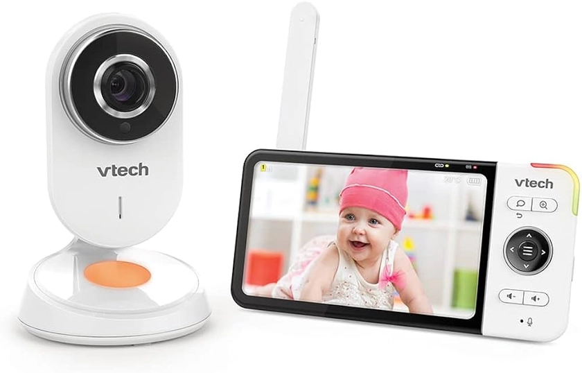 VTech - BM818 - Babyphone Vidéo Wide View HD - Écran 5'' Ultra Plat HD -Veilleuse et Berceuses 720p - Version FR, Blanc