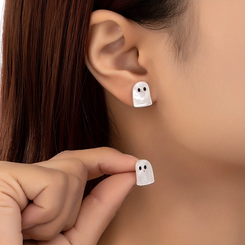 1pair Halloween Cute White Ghost Stud Earrings, Halloween Party Gifts Costume Jewelry