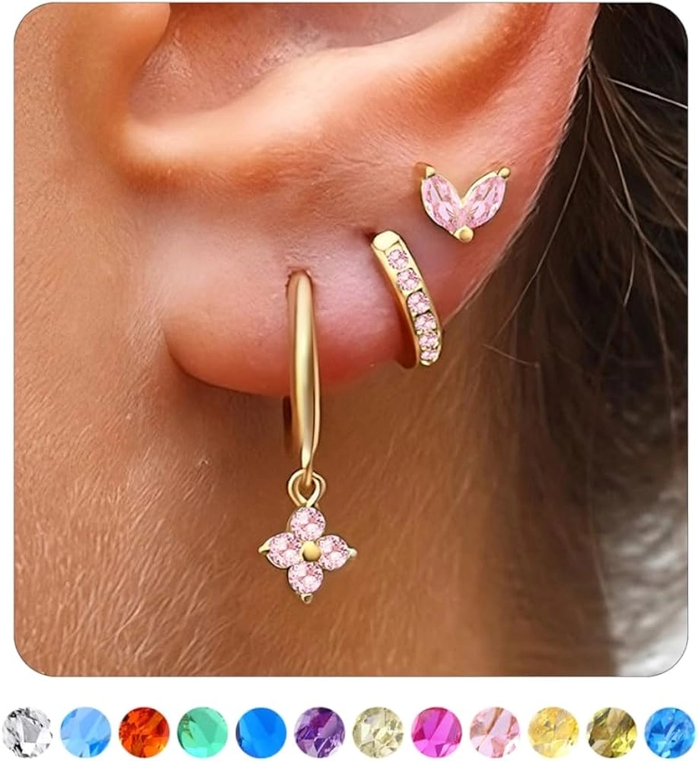 3 Pairs Dainty Gold/Silver Three Hole Birthstone Earrings Set for Multiple Piercing Non Tarnish 14k Gold Plated Hypoallergenic Cartilage Small Hoop Stud Earrings Stacks Set for Women Birthday Gifts