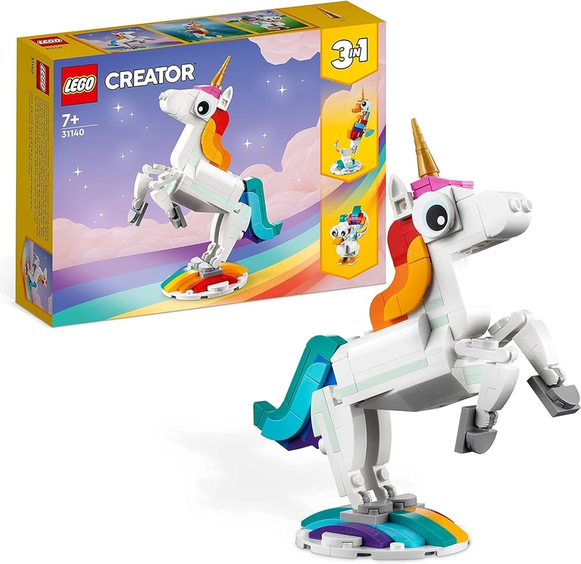 LEGO 31140 Creator 3-en-1 La Licorne Magique, Jouet Transformable, Hippocampe en Paon en Arc-en-Ciel avec Licorne, Cadeau Enfants, pour Filles et Garçons