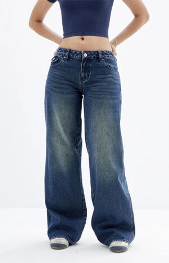 PacSun Casey Dark Indigo Button Pocket Low Rise Baggy Jeans | PacSun