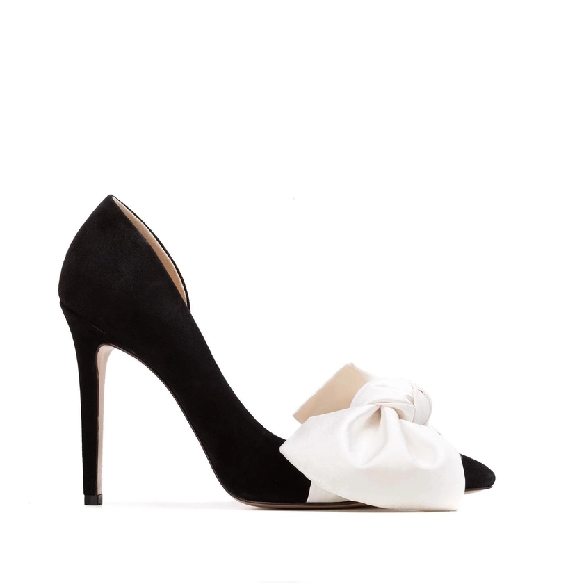 Samantha Black Suede And Oversized White Satin Bow Open Sided Stiletto by Ginissima