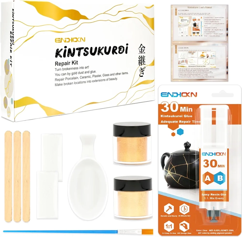 Endhokn Kintsukuroi Kit Poudre d'Or, Kit de Bricolage Kintsukuroi pour Débutants, 25ml Colle Dorée Ceramique Réparer et Embellir la Porcelaine, la Céramique, le Plâtre, le Verre Reparation Colle d Or