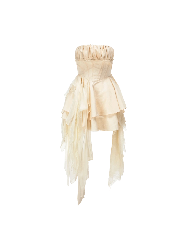 Beige Fold Pleated Strapless Short Dress