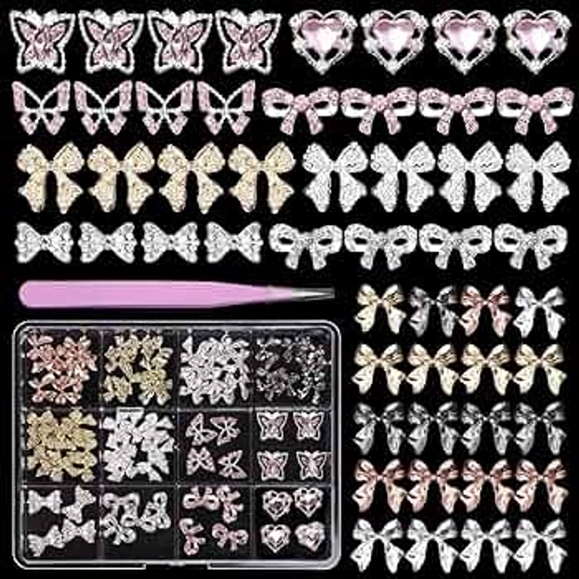 84 Pcs 3D Luxury Nail Charms and Gems Kit, 4 Colors Bow Crystal Nail Art Decoration+Mix Assorted Butterfly Heart Bowknot Alloy Metal Nail Rhinestones with Tweezer for Nail Art DIY Accessories