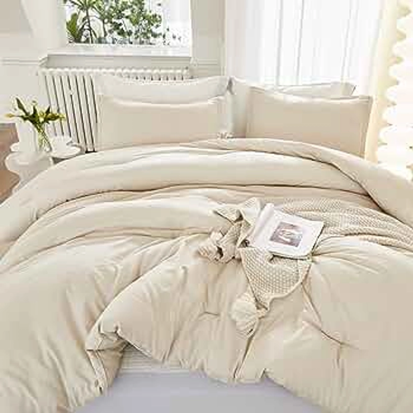 Litanika Full Size Comforter Sets Beige, 3 Pieces Boho Lightweight Bedding Comforter Sets, Down Alternative Comforter Fluffy Bed Set Gift Choice